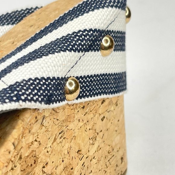 SHOEDAZZLE Womens 8 Abigail Wedge Sandals Black White Stripe Cork Platforms Cute - Picture 10 of 10